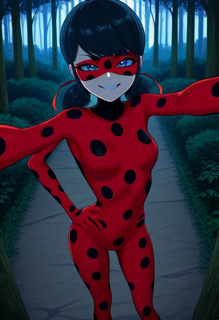 bright colors, detailed background,, volumetric light, vivid colours, standing,
looking at viewer, outdoors, overcast, dark, forest, vines, ponypositive, solo, solo focus, open hands on hip, single eyebrow lifted, smirk,
Miraculous, red suit with black spots all over her body, red mask covering her eyes, shoulder-length black hair with blue reflections tied back in pigtails, bright bluebell eyes,
Smooth Quality,
best quality, hyper detailed, ambient stylish expressive lighting, absolutely eye-catching masterpiece, body extremely close-up view, (facing viewer), forward, face extremely close-up shot, chest focus, selfie,