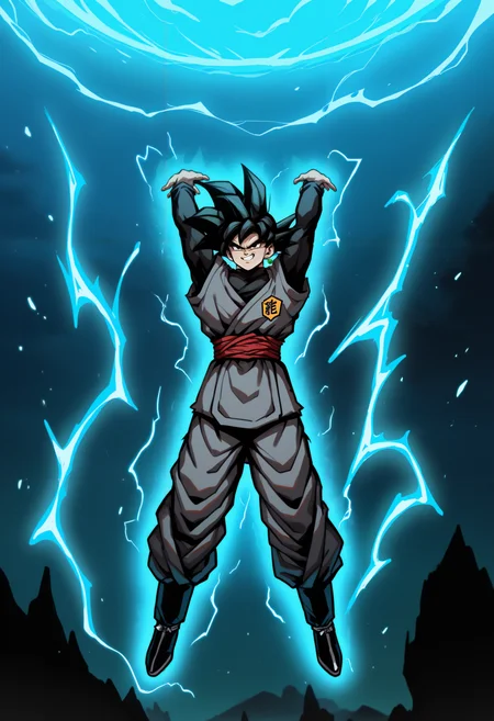 masterpiece, best quality, newest, hdr, dark, night, outdoors, <lora:Genki Dama:1> ge1sp0r, energy ball, blue energy, glowing, aura, electricity, arms up, floating, midair,
1boy, solo, goku black, spiked hair, black hair, black eyes, black shirt, long sleeves, potara earrings, grey tunic, grey dougi, red sash, green single earring, smug, grin