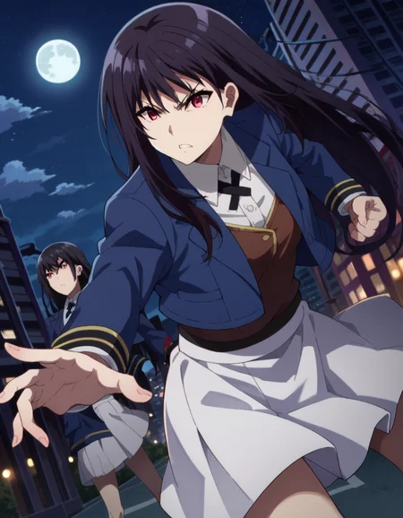 score_9, score_8_up, score_7_up, source_anime,
clairekagenou, <lora:claire-kagenou-ponyxl-lora-nochekaiser:1>,
claire kagenou, long hair, black hair, red eyes,
shirt, jacket, blazer, skirt, white skirt,
outdoors, cityscape, night, moon,
looking at viewer, dutch angle, dynamic pose, fighting stance,