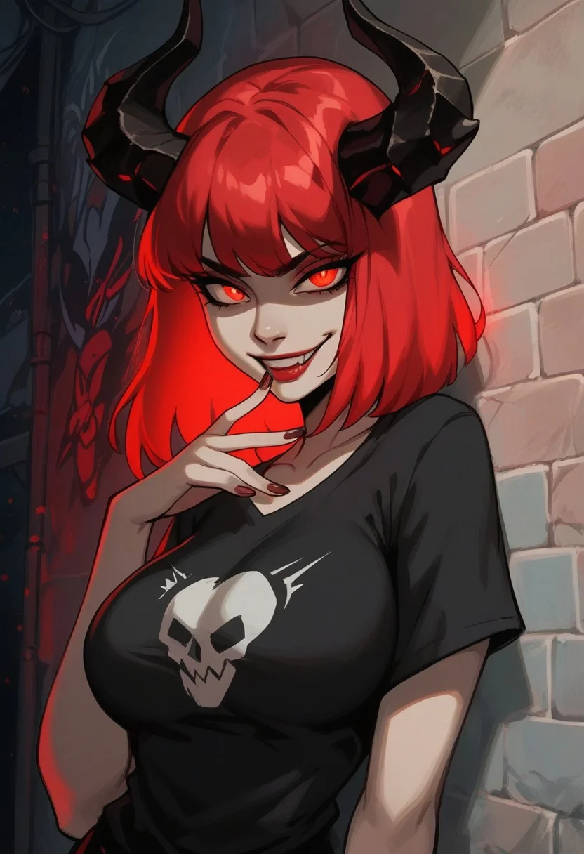 score_9, score_8_up, score_7_up, score_6_up, aesthetic , demon, horns, outdoors, alley, night, graffiti, t-shirt, solo, dutch angle, g0thicPXL, (close up:1.3), portrait, large breasts, skinny, red hair, glowing hair, gesugao