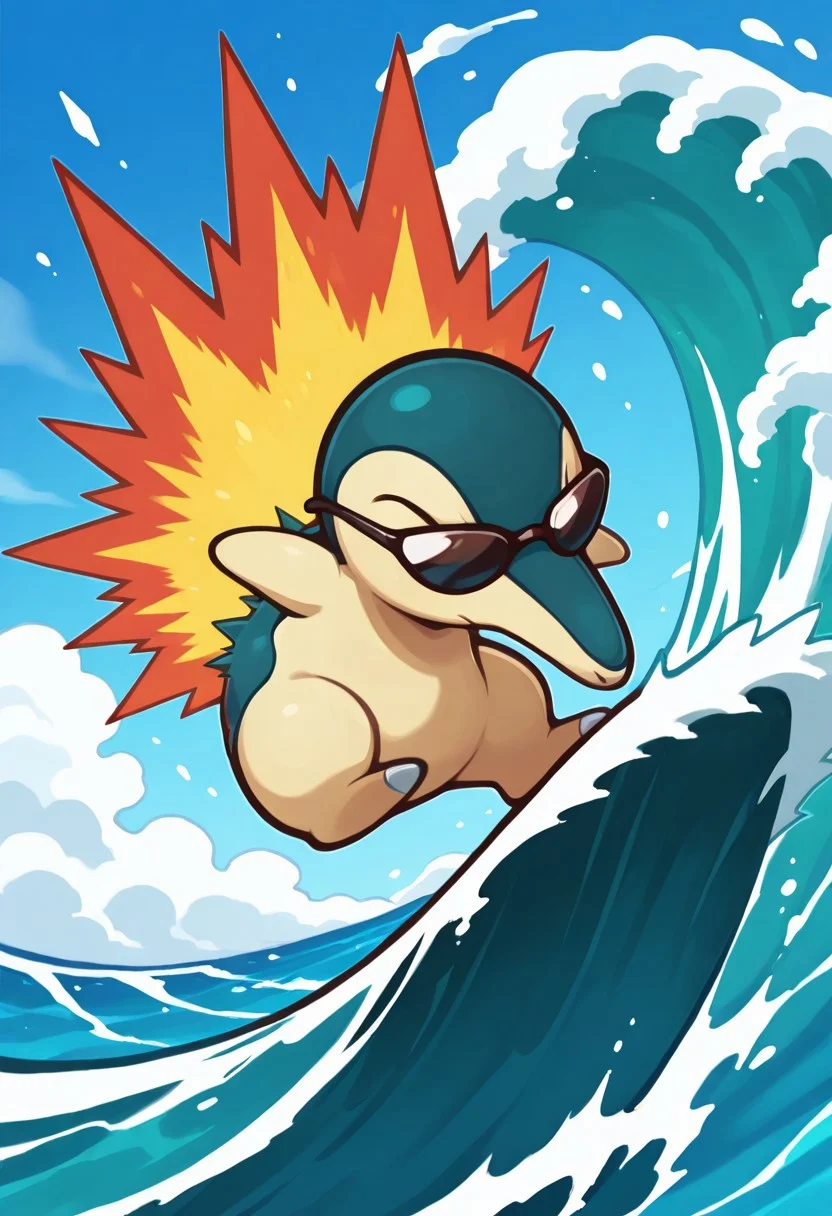 masterpiece, best quality, no humans, solo, zzCyndaquil, surfing, ocean, wave, sunglasses, ,<lora:CyndaquilPokedex_IXL:1.0>,