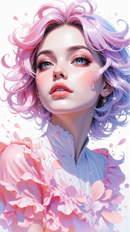 A romantic and dreamy portrait of a woman in a watercolor wash style, blending soft pastel pinks, purples, and blues, with delicate ink splatters surrounding her like petals, in the style of Jed-clrfl, <lora:FluxDFaeTasticDetails:0.5>, <lora:flux-colourful:0.5>, <lora:ILPonyMixv2:0.5>
