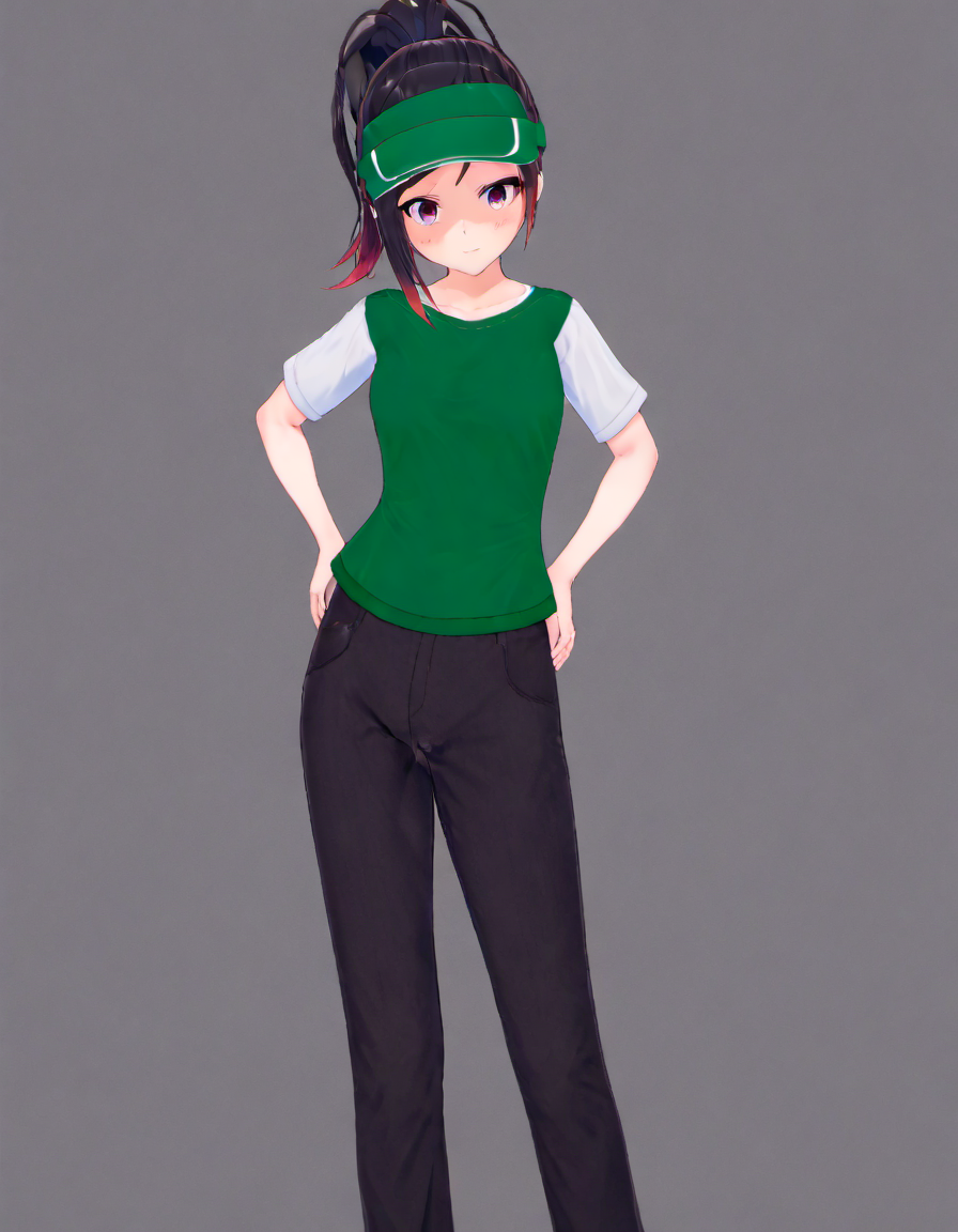 <lora:Rin_Rokuhara:.8>, Rin, 1girl, visor cap, pants, shirt, solo, full body, standing,  looking at viewer, ponytail, simple background, grey background, shirt, long hair, bangs, short sleeves, cafe uniform, white shirt, hand on hip, v