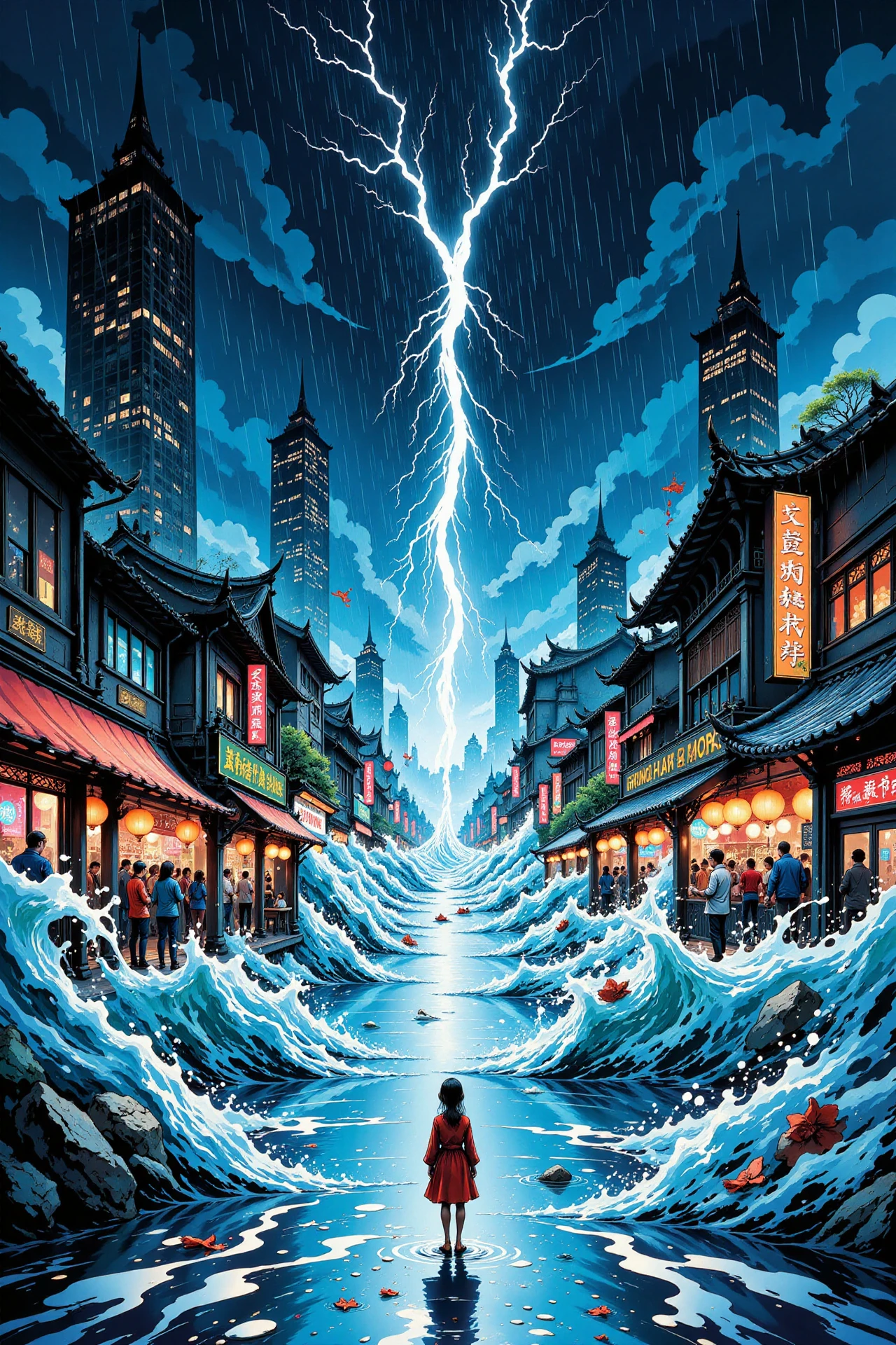 a storm causing a gigantic flood in a crowded city beautiful  anime landscape, rainy day, woman, very intricate, very detailed, sharp, bright, colorful, <lora:Hand v2:0.5> <lora:Anti-Blur:1><lora:Insane Detail Slider:0.25>  <lora:flux.1_lora_flyway_Epic-detail_v2:0.3> <lora:fluxenhancer:0.25> <lora:ROWER:0.6> <lora:flux-charmer-v1-1:0.4> <lora:Chinese_Ink:0.6> chinese ink style