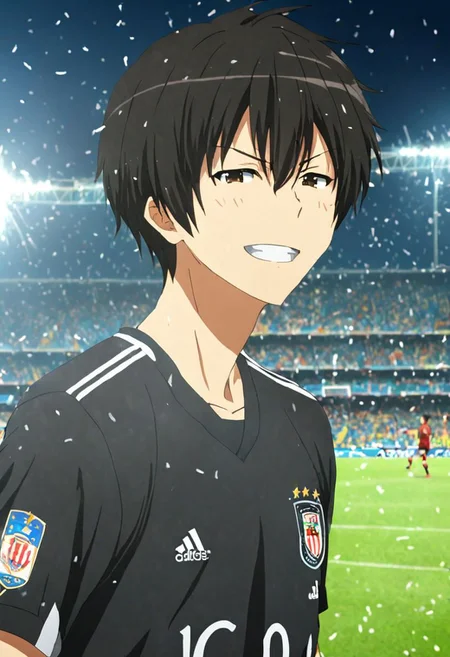 high resolution, solo, best quality, 1Boy, Kanie Seiya, Black Hair, soccer player, field, portrait, sport photography, celebration, OverallDetail