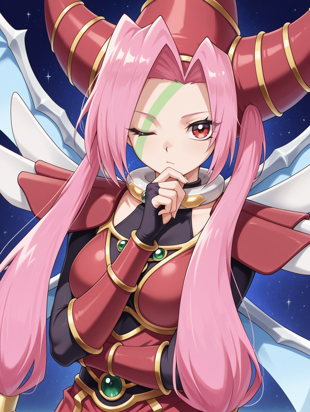 T.G. Wonder Magician,1girl,solo,hand on own chin,one eye closed,looking at viewer,upper body,closed mouth,green facial mark,twintails,black bodystocking,dragon wings,gold hair tubes,red dress,red gauntlets,red wizard hat,red shoulder armor,yu-gi-oh!, red eyes, 
masterpiece,best quality,amazing quality,very aesthetic,apussbsurdres,newest,<lora:T.G. Wonder Magician illuXL v1:0.75>,