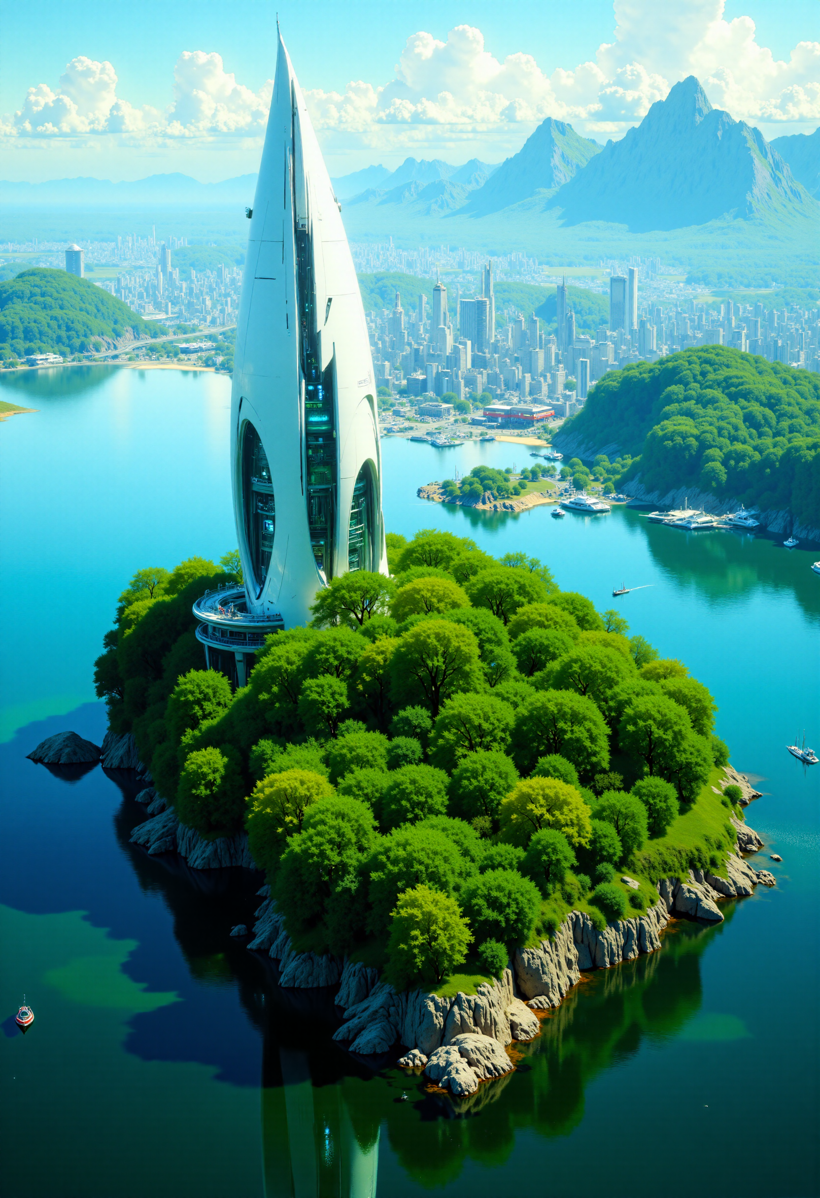 highest details, ultra hyper realism. highly detailed and realistic. intricate and highly professional artwork, an absolute masterpiece.
This high-quality CGI image depicts a futuristic cityscape featuring a central, lush green island with sleek, white, sail-like buildings. The island is surrounded by a deep blue body of water with a detailed, blurred background of a bustling city. The buildings have a modern, architectural design, with a mix of sharp angles and smooth curves. The lighting is bright and even, suggesting a sunny day. The camera angle is high and slightly above, offering a clear, expansive view of the entire scene. The depth of field is deep, keeping both the island and the background in focus.
 <lora:artilands_v02_epoch_6:1>