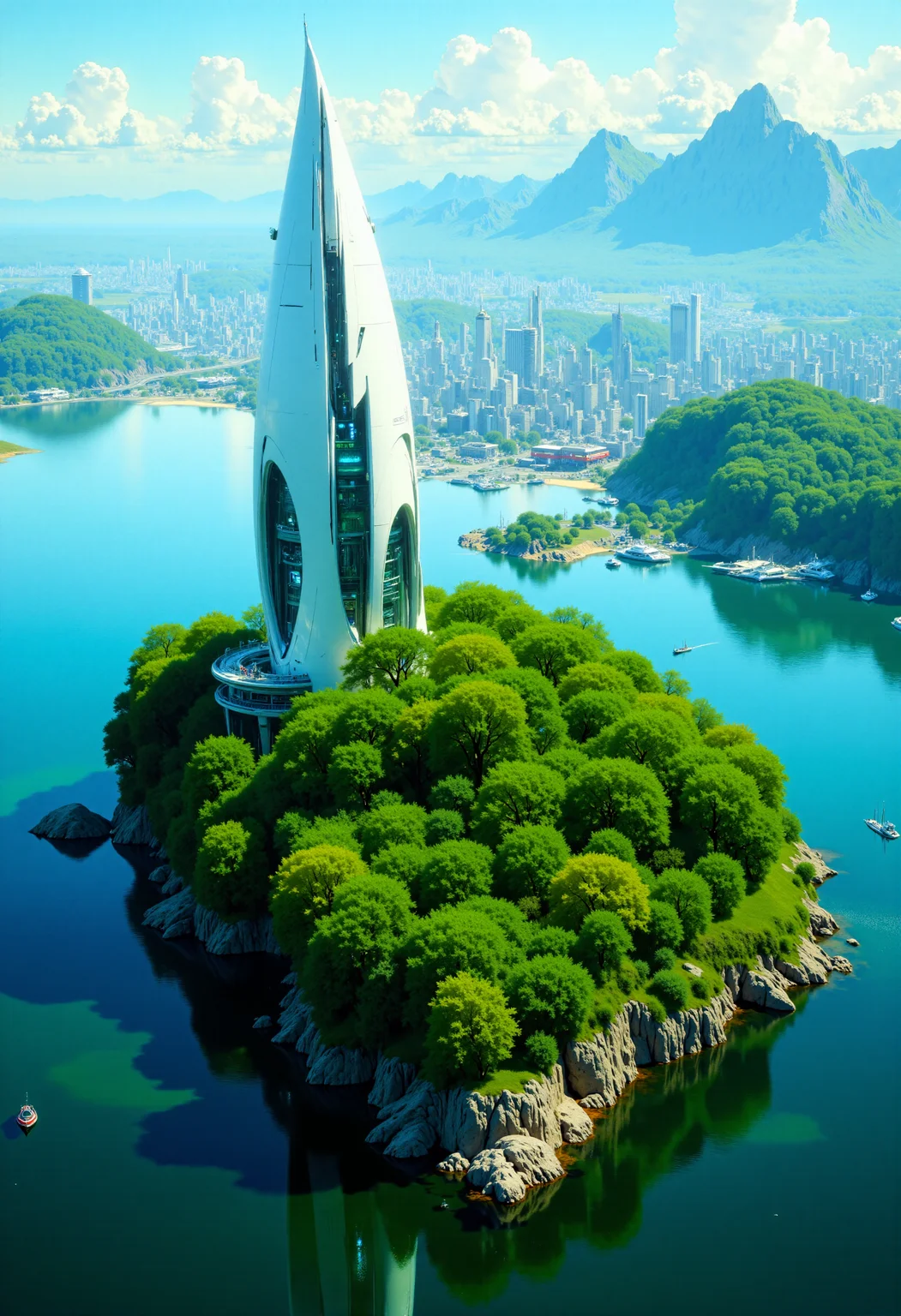 highest details, ultra hyper realism. highly detailed and realistic. intricate and highly professional artwork, an absolute masterpiece.
This high-quality CGI image depicts a futuristic cityscape featuring a central, lush green island with sleek, white, sail-like buildings. The island is surrounded by a deep blue body of water with a detailed, blurred background of a bustling city. The buildings have a modern, architectural design, with a mix of sharp angles and smooth curves. The lighting is bright and even, suggesting a sunny day. The camera angle is high and slightly above, offering a clear, expansive view of the entire scene. The depth of field is deep, keeping both the island and the background in focus.
<lora:artilands_v02_epoch_6:1>