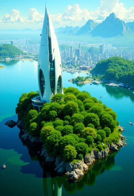 highest details, ultra hyper realism. highly detailed and realistic. intricate and highly professional artwork, an absolute masterpiece.
This high-quality CGI image depicts a futuristic cityscape featuring a central, lush green island with sleek, white, sail-like buildings. The island is surrounded by a deep blue body of water with a detailed, blurred background of a bustling city. The buildings have a modern, architectural design, with a mix of sharp angles and smooth curves. The lighting is bright and even, suggesting a sunny day. The camera angle is high and slightly above, offering a clear, expansive view of the entire scene. The depth of field is deep, keeping both the island and the background in focus.
 <lora:artilands_v02_epoch_6:1>