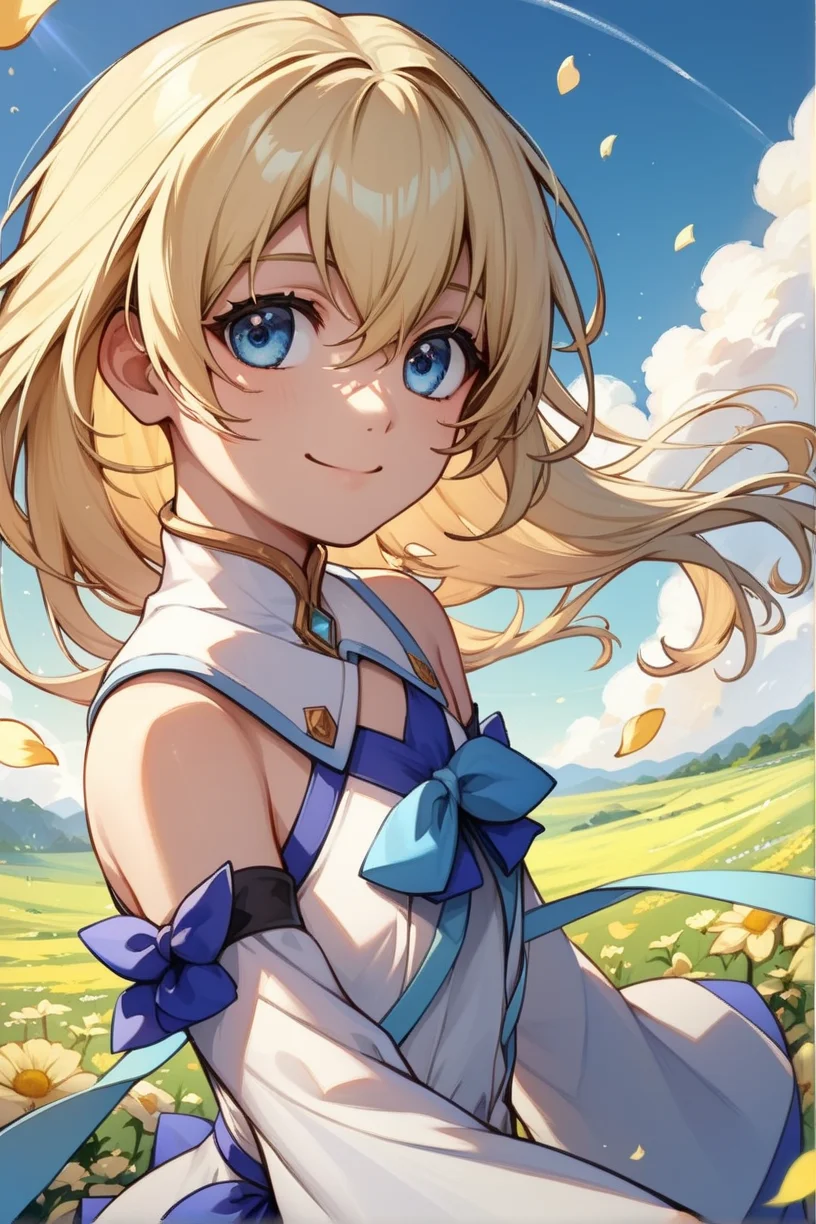 score_9, score_8_up, score_7_up, very aesthetic, source_anime, detailed, high quality, beautiful, masterpiece, detailed eyes,
<lora:lightXL:0.8>
field of flowers, sky, cloud, flower petals, wind,
dynamic angle, cowboy shot, upper body, looking away,
light smile, close up,
<lora:coletteA_autismConfetti_v03:1>
colette brunel, blonde hair, blue eyes, long hair, hair between eyes, short dress, bare shoulders, detached sleeves, ribbon, white footwear, wide sleeves, footwear ribbon,, zPDXL