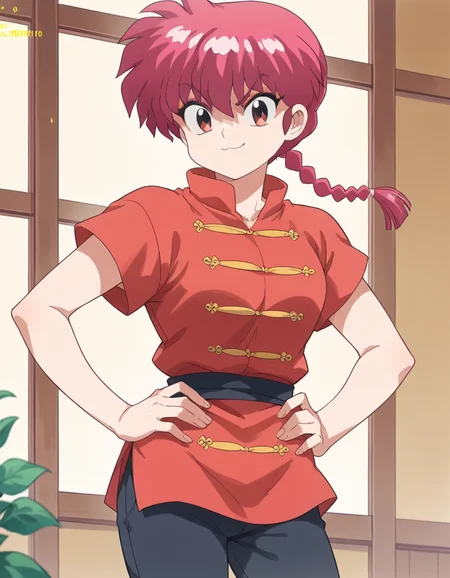 score_9, score_8_up, score_7_up, source_anime, <lora:ranma-saotome-leak-ponyxl-lora-nochekaiser:1>, ranma saotome, braid, red hair, single braid, braided ponytail, red eyes,, pants, chinese clothes, tangzhuang,, indoors, smug, smile, looking at viewer, solo, hands on hips,, cowboy shot, dutch angle