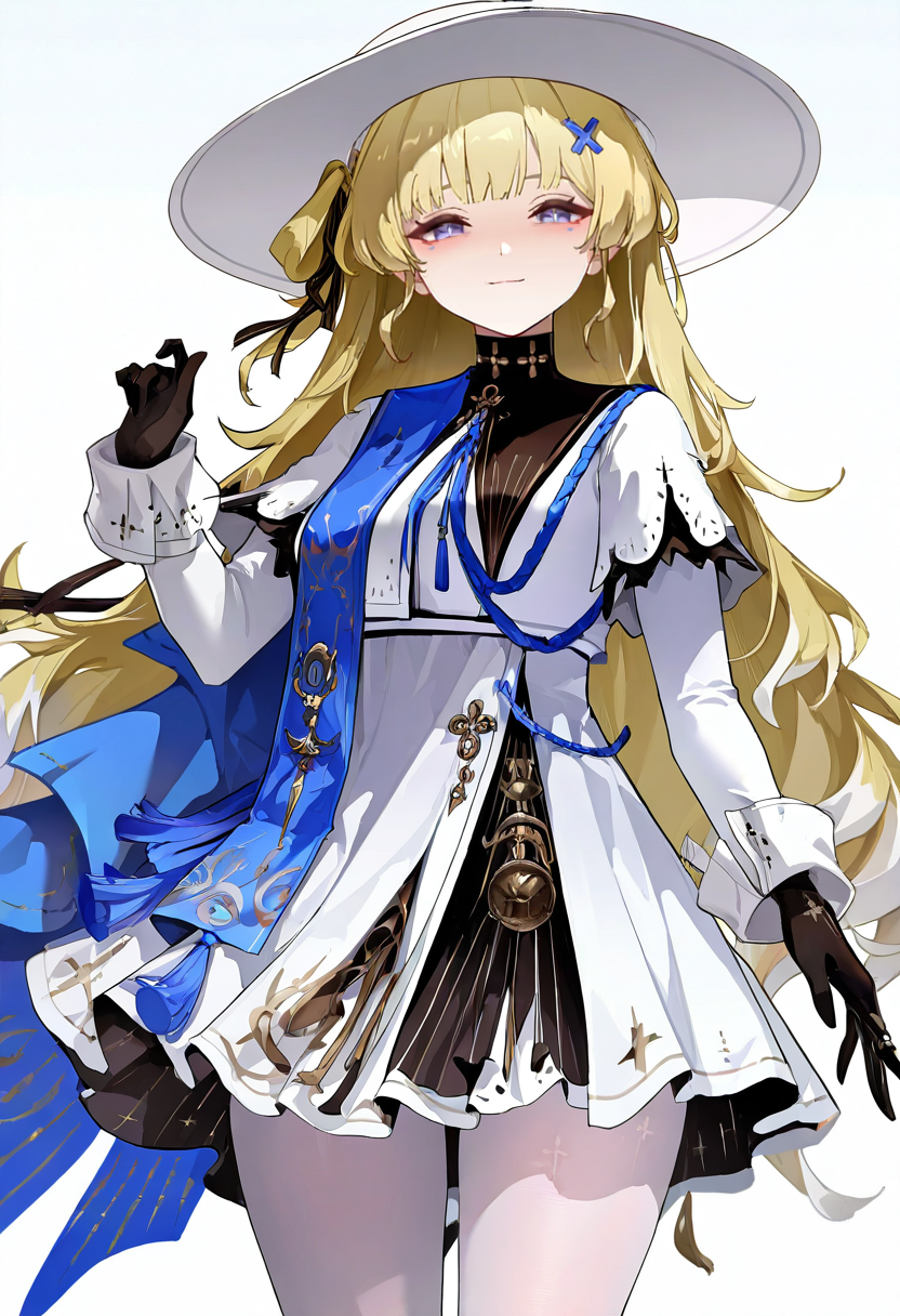 1girl,phoebe \(wuthering waves\),solo,medium breasts,white headwear,white dress,black gloves,long sleeves,x hair ornament,white pantyhose,
smile,
very awa,masterpiece,best quality,year 2024,newest,highres,absurdres,
<lora:phoebe_NoobVpred06:1>,