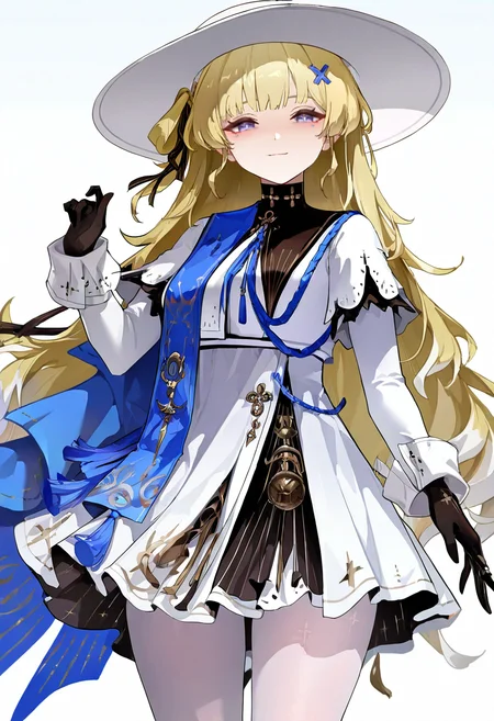 1girl,phoebe \(wuthering waves\),solo,medium breasts,white headwear,white dress,black gloves,long sleeves,x hair ornament,white pantyhose,
smile,
very awa,masterpiece,best quality,year 2024,newest,highres,absurdres,
<lora:phoebe_NoobVpred06:1>,