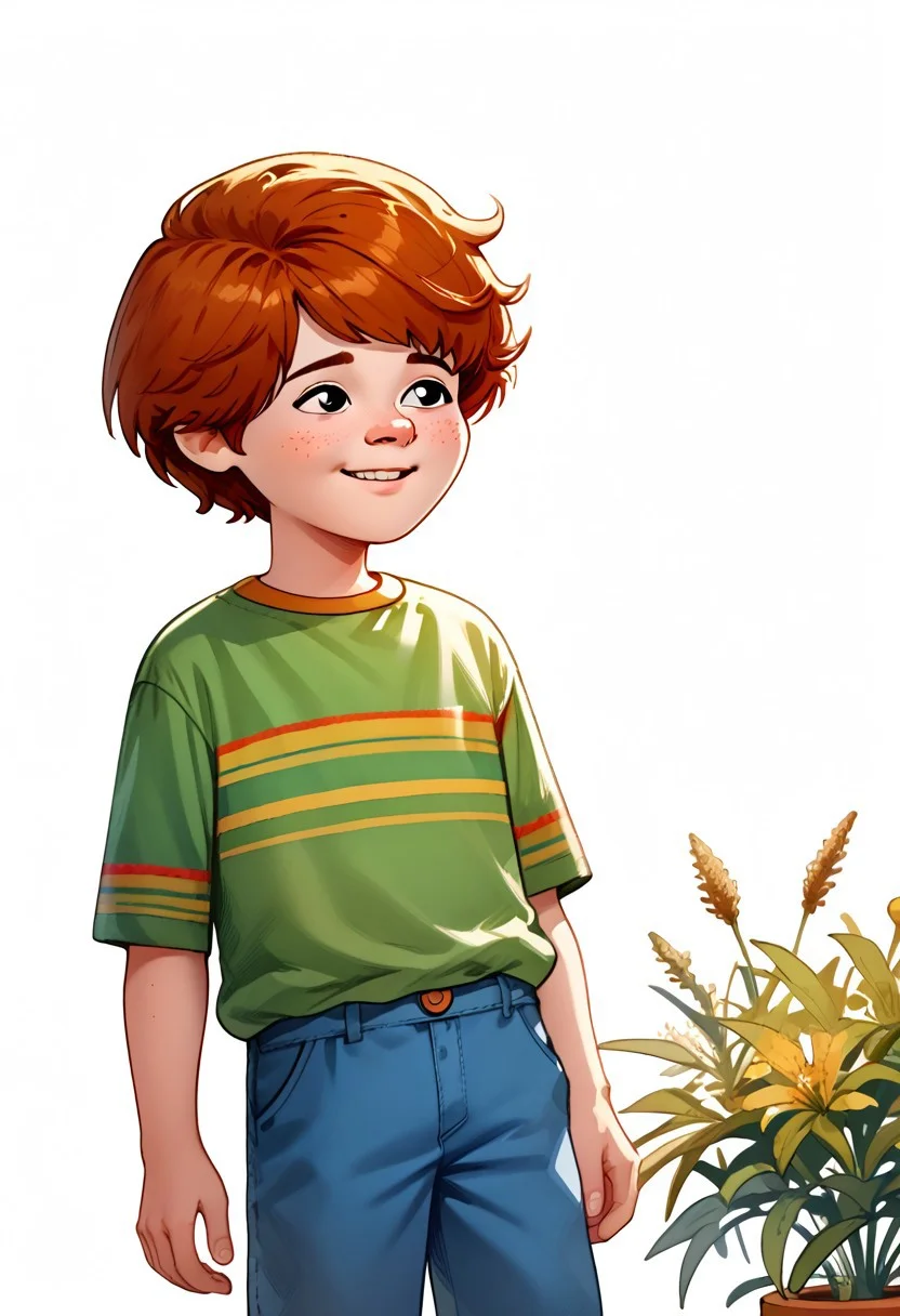 DarirStyle
score_9, score_8_up, score_7_up, 1boy, solo, Bill_Murphy, Ginger Hair, Freckles, black eyes, Striped Green Shirt, Blue Pants, shy smile,