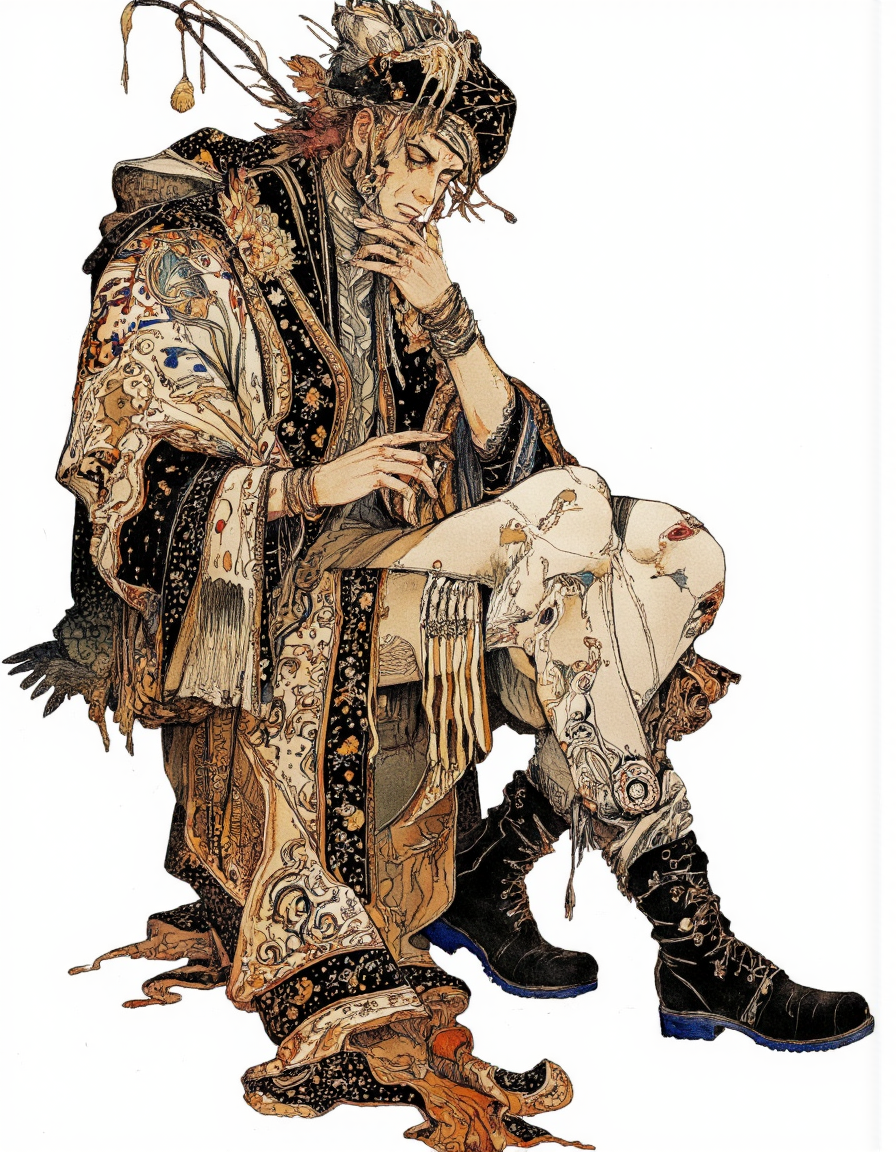 Art by Akiya Kageichi. A digital illustration shoot from a profile camera angle about a stylized figure with intricate patterns and textures, seated in a contemplative pose. the image also shows a white background. on the middle of the image, a man, who appears to be in his mid-twenties, with a slim body and a serious expression, is sitting with his full body visible. he is wearing a long, ornate robe with intricate paisley patterns in shades of brown, black, and white, along with a hat with a feather-like design. his hair is styled in a messy manner, and his eyes are closed, giving him a serene and contemplative look. he has his hands resting on his thighs and his feet are crossed, wearing black boots with blue soles.