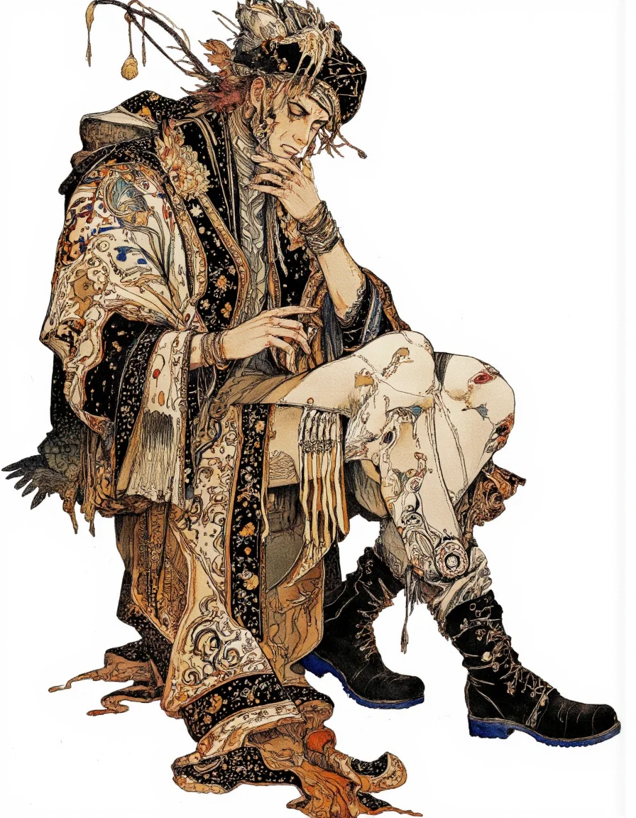 Art by Akiya Kageichi. A digital illustration shoot from a profile camera angle about a stylized figure with intricate patterns and textures, seated in a contemplative pose. the image also shows a white background. on the middle of the image, a man, who appears to be in his mid-twenties, with a slim body and a serious expression, is sitting with his full body visible. he is wearing a long, ornate robe with intricate paisley patterns in shades of brown, black, and white, along with a hat with a feather-like design. his hair is styled in a messy manner, and his eyes are closed, giving him a serene and contemplative look. he has his hands resting on his thighs and his feet are crossed, wearing black boots with blue soles.