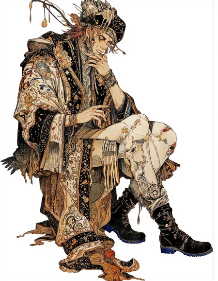 Art by Akiya Kageichi. A digital illustration shoot from a profile camera angle about a stylized figure with intricate patterns and textures, seated in a contemplative pose. the image also shows a white background. on the middle of the image, a man, who appears to be in his mid-twenties, with a slim body and a serious expression, is sitting with his full body visible. he is wearing a long, ornate robe with intricate paisley patterns in shades of brown, black, and white, along with a hat with a feather-like design. his hair is styled in a messy manner, and his eyes are closed, giving him a serene and contemplative look. he has his hands resting on his thighs and his feet are crossed, wearing black boots with blue soles.