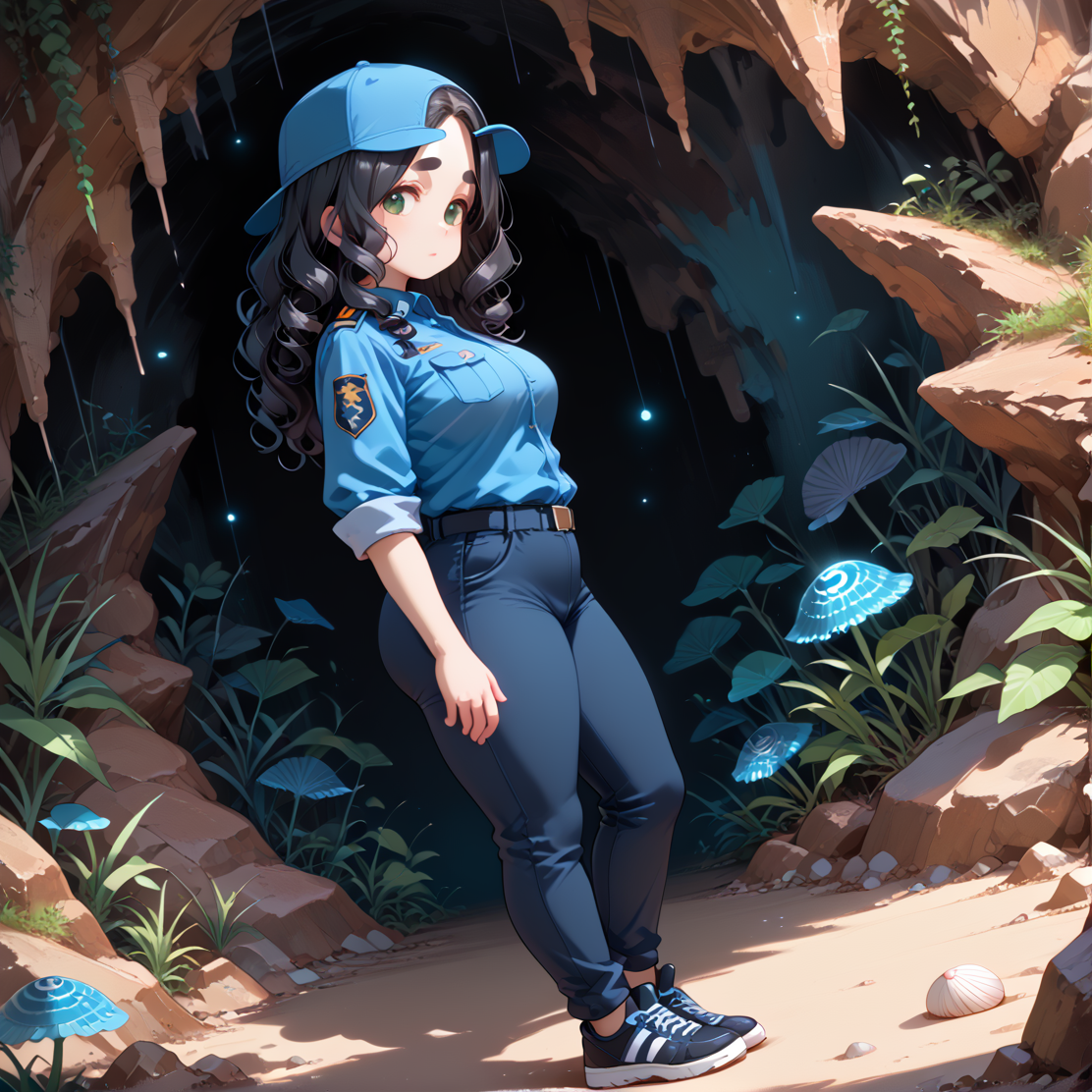 PonyScores7, source_anime, ah1, BREAK 1girl, (curly hair), long hair, (black hair:1.3), mature female, (parted hair:1.7), (round face:1.2), (fringe:-0.5), (bangs:-0.5), (hair between eyes:-0.5),  (thick eyebrows), (curvy), round-chin, (greenish hazel eyes), caucasian, (downturned eyes:1.2), (plump face), <lora:ETO_OCPonyXL:0.5> eto_oc, skindentation, (plump), thick thighs, wide hips, busty, voluptuous, kinky curls, lips, <lora:venus body PonyXL:0.4>,  (Anxious, Experiencing worry, unease, or nervousness), (Standing with legs apart, arms extended), (Coastal Cave, Damp, rocky interior adorned with bioluminescent fungi, clusters of seaweed hanging from the ceiling, scattered shells, and patches of moss), looking at viewer, (chetwode blue Urban patrol uniform in dark grey, fitted shirt, slim-fit pants, baseball cap, black sneakers, equipped with pepper spray), BREAK <lora:xl_more_art-full_v1:0.2>, <lora:shinyskin2:0.2> glistening skin, <lora:aesthetic_anime_v1s:0.2>, <lora:Expressive_H:0.2> Expressiveh, <lora:hairdetailpxl:0.2> hairdetailpxl, <lora:EpicF4nta5yXL:0.2>, <lora:detailxl:0.2> detailxl, <lora:Fant5yP0ny:0.2>, best quality, amazing quality, best aesthetic, absurdres, <lora:expressive eyes:0.2> expressive eyes, <lora:eyedetailpxl:0.2> eyedetailpxl, illustration, Volumetric_Lighting, ultra-detailed, very aesthetic, intricate details, 8k, masterpiece, best_quality, BREAK (Dutch Angle (from the side) view Close shot), BREAK <lora:Eyes_High_Definition:0.3> EyesHD, Stable_Yogis_PDXL_Positives, AS-Adult, <lora:Complicated fantasy portrait - XL Pony V2.0:0.4>, bad-hands-5,