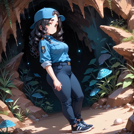 PonyScores7, source_anime, ah1, BREAK 1girl, (curly hair), long hair, (black hair:1.3), mature female, (parted hair:1.7), (round face:1.2), (fringe:-0.5), (bangs:-0.5), (hair between eyes:-0.5), (thick eyebrows), (curvy), round-chin, (greenish hazel eyes), caucasian, (downturned eyes:1.2), (plump face), <lora:ETO_OCPonyXL:0.5> eto_oc, skindentation, (plump), thick thighs, wide hips, busty, voluptuous, kinky curls, lips, <lora:venus body PonyXL:0.4>, (Anxious, Experiencing worry, unease, or nervousness), (Standing with legs apart, arms extended), (Coastal Cave, Damp, rocky interior adorned with bioluminescent fungi, clusters of seaweed hanging from the ceiling, scattered shells, and patches of moss), looking at viewer, (chetwode blue Urban patrol uniform in dark grey, fitted shirt, slim-fit pants, baseball cap, black sneakers, equipped with pepper spray), BREAK <lora:xl_more_art-full_v1:0.2>, <lora:shinyskin2:0.2> glistening skin, <lora:aesthetic_anime_v1s:0.2>, <lora:Expressive_H:0.2> Expressiveh, <lora:hairdetailpxl:0.2> hairdetailpxl, <lora:EpicF4nta5yXL:0.2>, <lora:detailxl:0.2> detailxl, <lora:Fant5yP0ny:0.2>, best quality, amazing quality, best aesthetic, absurdres, <lora:expressive eyes:0.2> expressive eyes, <lora:eyedetailpxl:0.2> eyedetailpxl, illustration, Volumetric_Lighting, ultra-detailed, very aesthetic, intricate details, 8k, masterpiece, best_quality, BREAK (Dutch Angle (from the side) view Close shot), BREAK <lora:Eyes_High_Definition:0.3> EyesHD, Stable_Yogis_PDXL_Positives, AS-Adult, <lora:Complicated fantasy portrait - XL Pony V2.0:0.4>, bad-hands-5,
