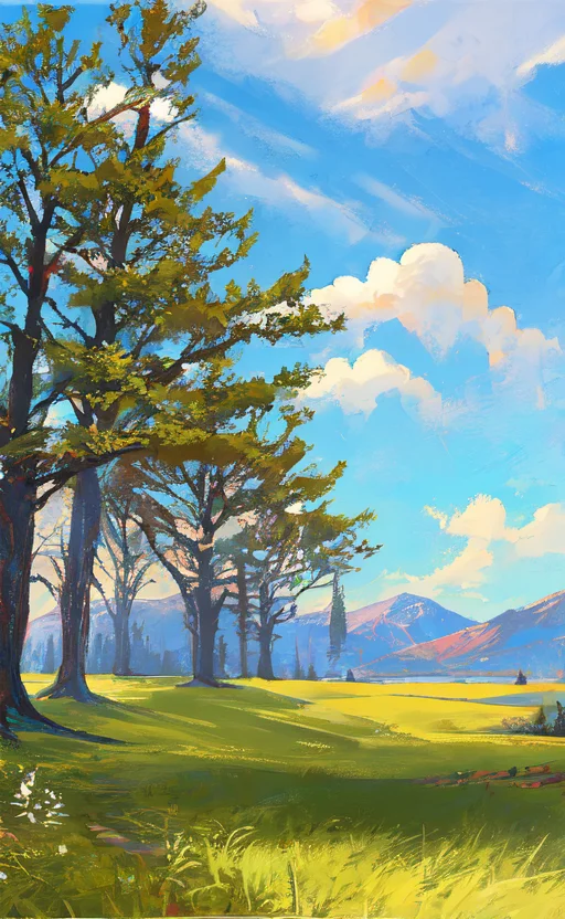 Conceptart,Concept Art,Samia, tree, scenery, cloud, outdoors, sky, day, mountain, grass, nature, mksks style, best quality, perfect