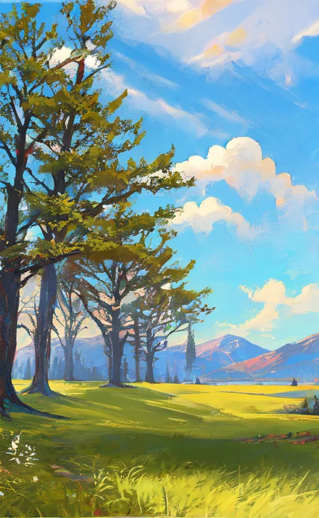 Conceptart,Concept Art,Samia, tree, scenery, cloud, outdoors, sky, day, mountain, grass, nature, mksks style, best quality, perfect