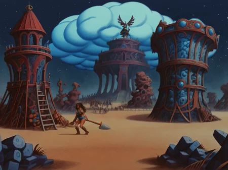2d retro illustration, witch and Cloud Kingdom with space barbarian battle arena and Abandoned Apollo Sites  <lora:Fantastic_Planet_XL:1.2>