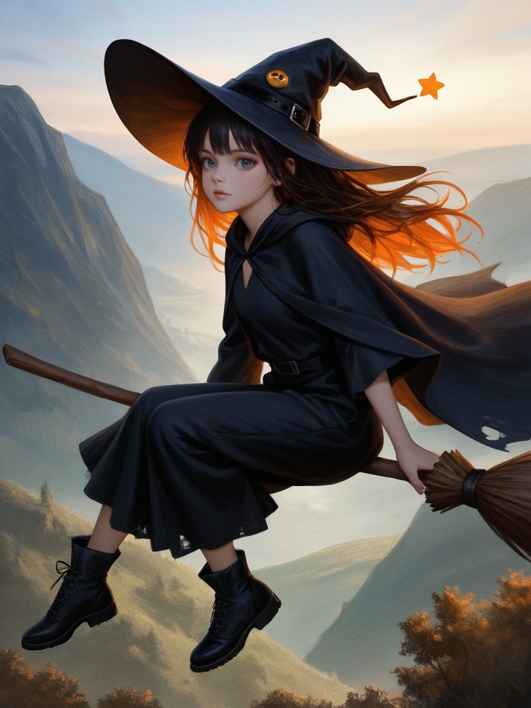 Best quality masterpiece,   Amazing very aesthetic absurdres newest embedding:my\ReaPnt1, painterly,    1girl, broom riding, witch,   <lora:SPOl_10ep_4k>