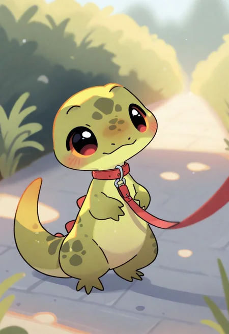 (masterpiece, best quality, high quality, highres), very awa, highres, absurdres,
(naguru \(cyoroama\), (chii-kun \(seedyoulater\):0.7),
pikaole, cute, animal focus,
(lizard:1.1), embarassed, (cute:1.2), (solo:1.2), (axolotl:0.5), green skin, standing,
red choker with buckle, leash
outdoors,