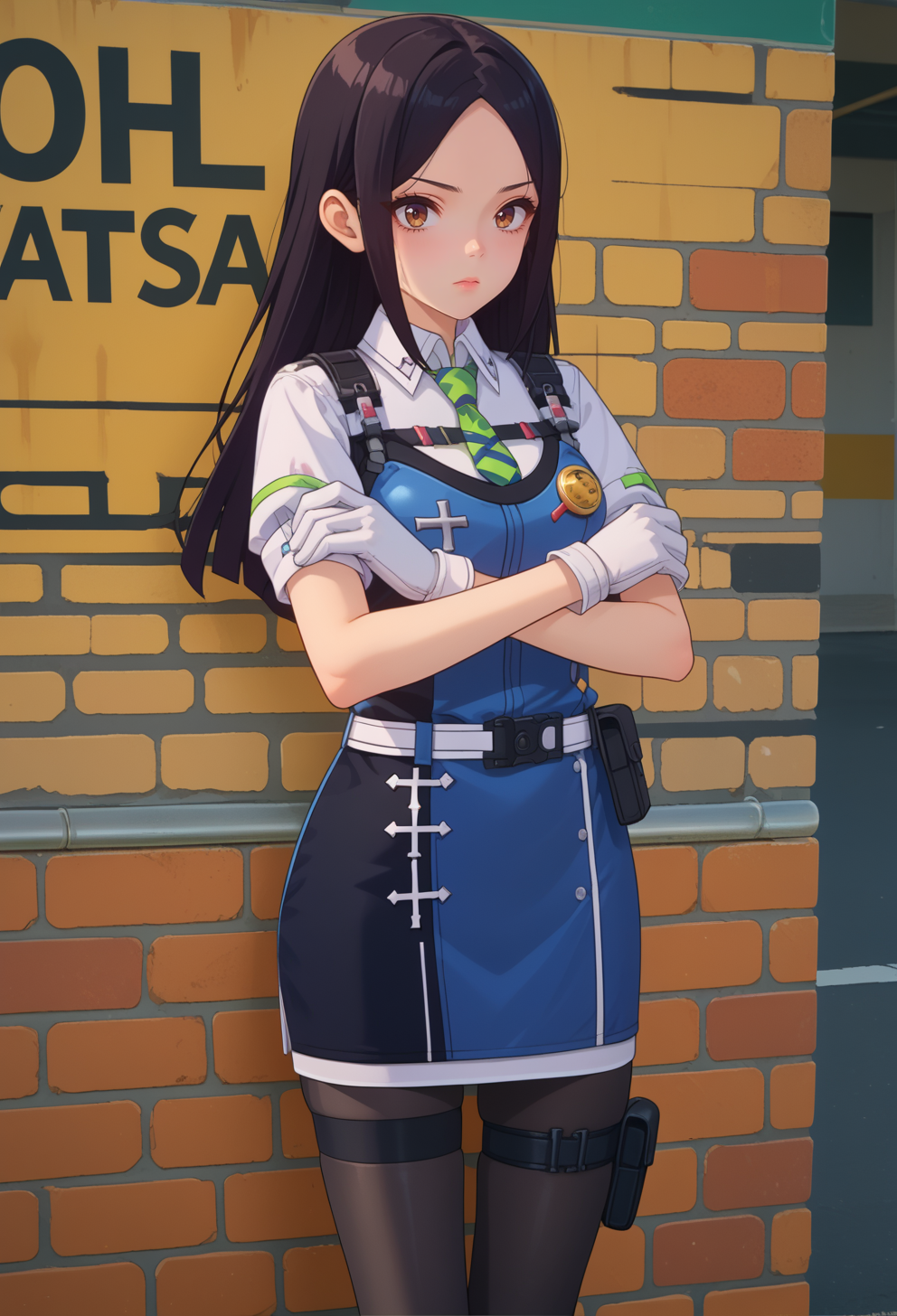 score_9, score_7_up, source_anime, BREAK <lora:AESita:0.7> AESita, brown eyes, black hair, long hair, parted bangs, blue dress, green necktie, collared shirt, short sleeves, white shirt, white gloves, holster, walkie-talkie, belt, black pantyhose, thigh strap, cross-laced footwear, white footwear, full body, against wall, crossed arms,