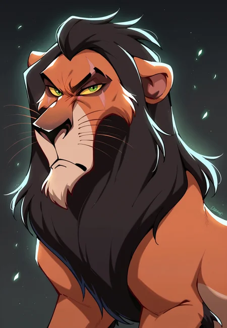 score_9, score_8_up, score_7_up, score_6_up, score_5_up, score_4_up, source_furry, hi res, black background, (green flames in background), dim lighting, dark, rimlight, particles, ScarLion, Scar On Right Eye, Black Mane, Yellow Sclera, Green Eyes, feral, male, solo, looking at viewer, frown, male