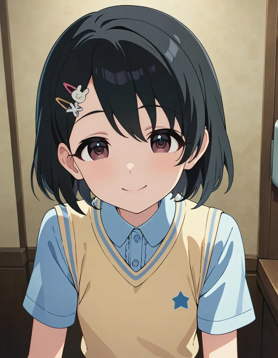 best quality,masterpiece, 4k, uncensored, prefect lighting, rating_explicit
1girl, solo,sasaki chie, short hair, black hair, hairclip, bangs, brown eyes
sskchie_CC, sweater vest,light yellow skirt,shirt, short sleeves,
smile,closed mouth, ,upper body,face focus, looking at viewer ,newest,official art
<lora:sasakichie_animagine_v1:0.6>
