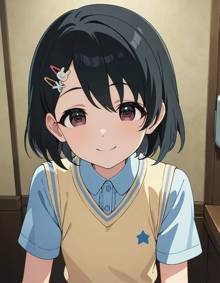 best quality,masterpiece,   4k, uncensored, prefect lighting, rating_explicit
1girl, solo,sasaki chie, short hair, black hair, hairclip, bangs, brown eyes
sskchie_CC,  sweater vest,light yellow skirt,shirt, short sleeves,
smile,closed mouth, ,upper body,face focus, looking at viewer ,newest,official art
<lora:sasakichie_animagine_v1:0.6>