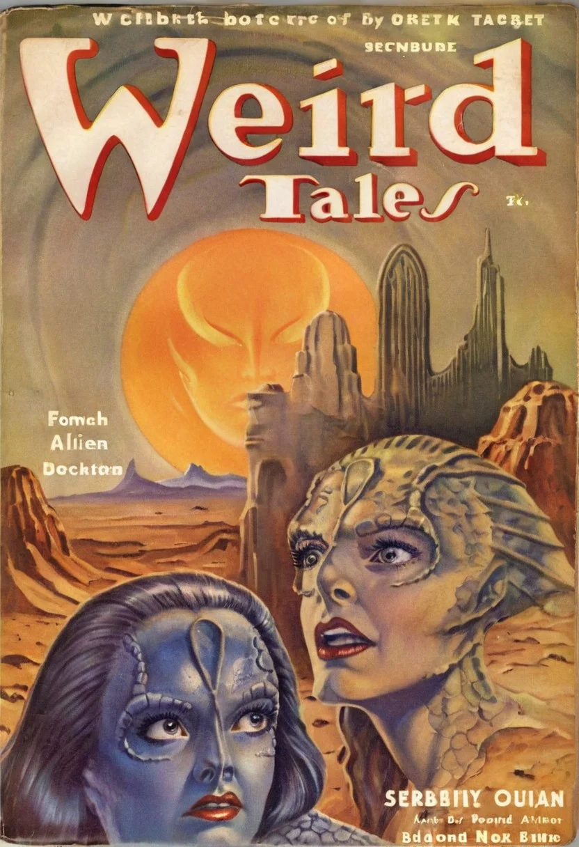 Weird Tales pulp magazine cover,
female c4rd45514n alien, forehead crest, grey skin, ridges, scales, standing on a desert planet with a retro futuristic city far in the background