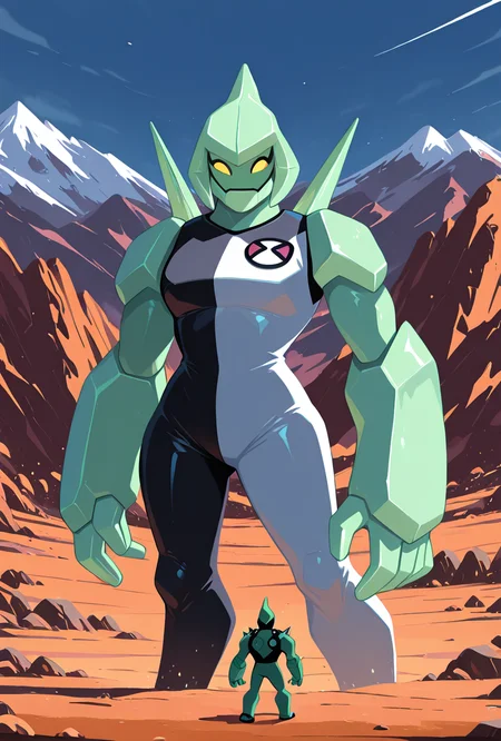 <lora:diamondhead-06:1> diamondhead, robot, yellow eyes, solo, 1boy, no humans, pokemon (creature), armor, spikes, yellow sclera, green skin, bodysuit, cartoon <lora:illustrious_flat_color_v2:1> flat color, no lineart, ontop of mountain, masterpiece, best quality, amazing quality, very aesthetic, absurdres, newest,