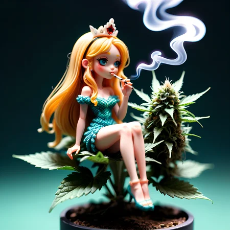 pixel princess with dark hair sitting on a magnified cannabis flower smoking a tiny joint