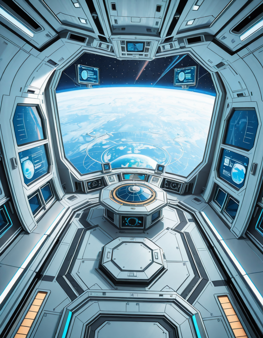 The interior of a massive orbital space station, high above a blue and green Earth-like planet. The setting is a panoramic observation deck with towering reinforced windows that curve around the structure, offering a breathtaking view of the planet below and the star-filled void beyond. The stationâs architecture is sleek and functional, blending advanced human technology with subtle design flourishes â brushed metal walls, glowing interface panels, and clean geometric lines.
Soft white lighting lines the floor and ceiling panels, while ambient blue lights provide a calming atmosphere. Transparent digital displays float in the air, projecting live telemetry, spacecraft traffic, and real-time planetary data in holographic form. In the center of the room, a circular command table displays a rotating 3D projection of the planet and orbital routes.
In the background, the low hum of life support systems and distant radio chatter add to the immersive realism. Cables and utility panels are subtly integrated into the environment, and security doors lead to other compartments of the station. The entire space feels controlled, precise, and filled with purpose â a hub of advanced civilization silently orbiting in the cold beauty of space.<lora:SDXLFaeTastic2400:0.4> <lora:extremely_detailed:0.4> extremely detailed,space station c0ntr0l c3nt3r, <lora:space_station_c0ntr0l_c3nt3r-i:1>, Masterpiece,best quality,hi res,8k,hi res,8k,award winning,(sharp focus, intricate, highly detailed),