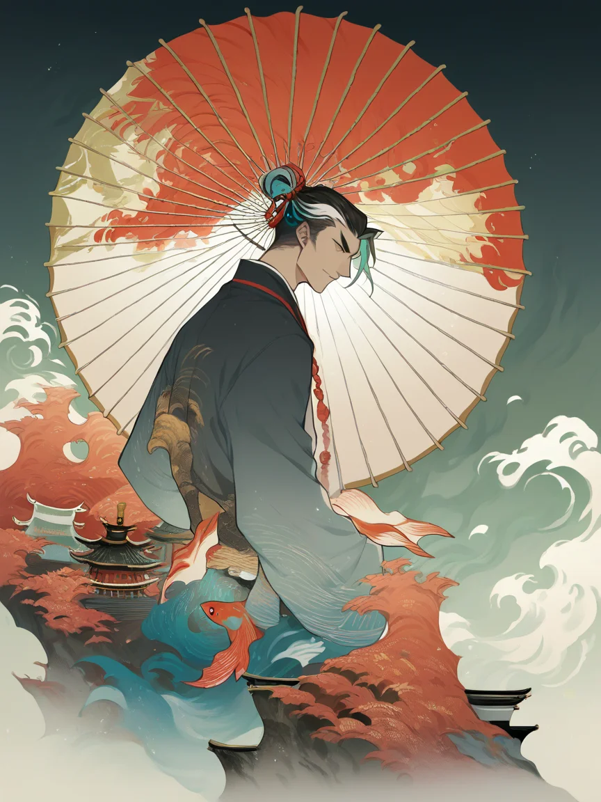 score_9, score_8_up, score_7_up, score_6_up, score_5_up, <lora:kuriXLP:1> kuri, east asian architecture, fish, 1boy, oil-paper umbrella, multicolored hair, solo