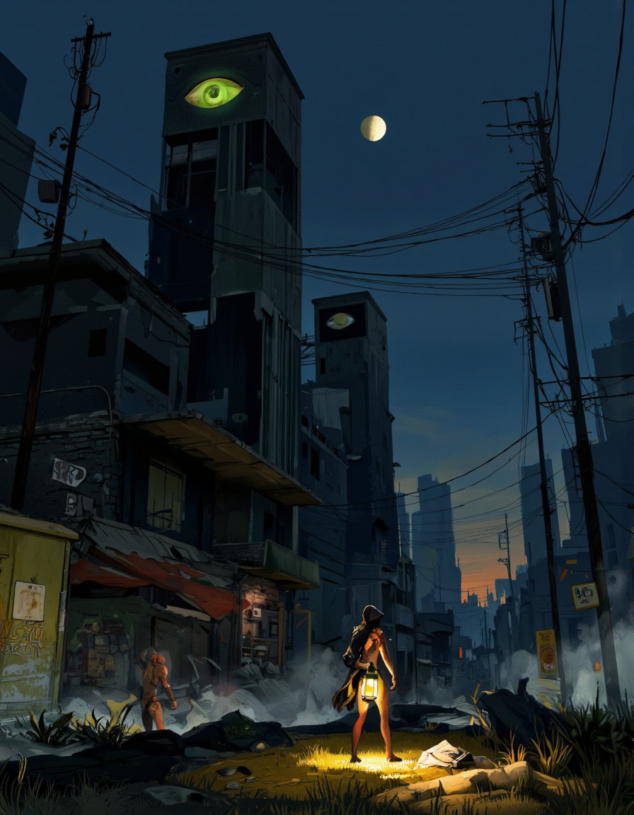 Art by Ismail Inceoglu. A digital illustration shoot from a far camera angle about a post-apocalyptic cityscape at night with a lone figure standing in the foreground, illuminated by a full moon. the scene is set in a desolate, industrial environment with tall buildings, power lines, and debris scattered throughout. in the middle of the image, a young man stands with his back to the viewer, facing away from the camera, wearing a hooded cloak and holding a lantern. he appears to be a young adult, with a slim body and no clothing, and has a serious expression on his face. he is standing on a patch of grass, surrounded by the ruins of a dilapidated building with a large, green eye-shaped window, which is partially obscured by the darkness. the cityscape is illuminated by the moonlight, casting a soft glow on the surrounding buildings and debris. the overall atmosphere is eerie and desolate, with the man's silhouette standing out against the desolate landscape.