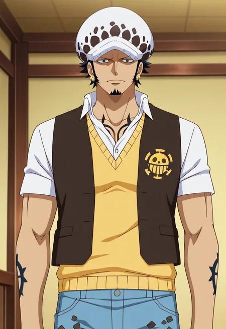 masterpiece, best quality, , anime screencap, anime coloring, official style, looking at viewer, 1boy, solo, male focus, <lora:law_trafalgar_ilxl:0.9>, law_trafalgar, black hair, black eyes, short hair, facial hair, sideburns, long sideburns, goatee, , earrings, , , , Denim shorts, Dress vest, , Newsboy cap with ear flaps, Ski Goggles and
