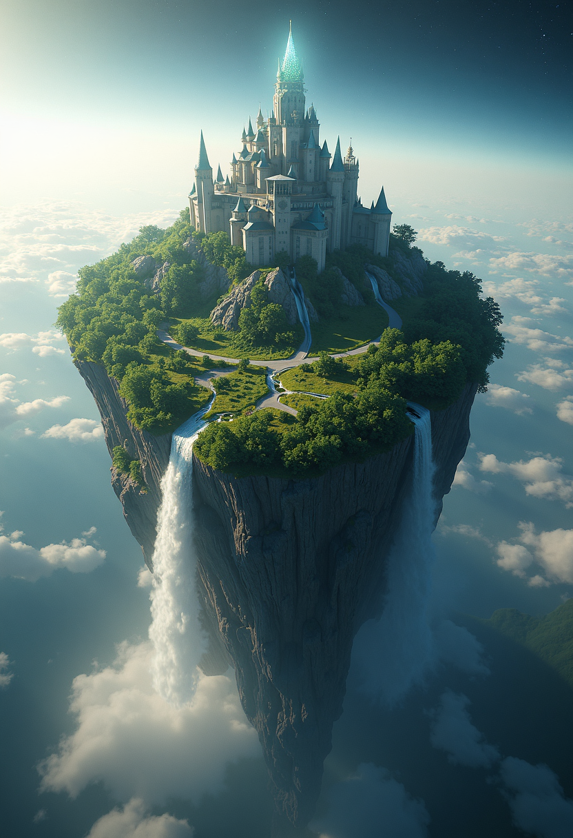 Create a highly detailed,photorealistic image of an island in space orbiting a planet devastated by nuclear war. The island is protected by a shimmering force field and is covered in forest and grassland,with a waterfall running down the side. In the center of the island is a massive castle made of crystals. 8k,octane render,ray tracing.,<lora:New_Fantasy_CoreV4_FLUX:0.8>,
