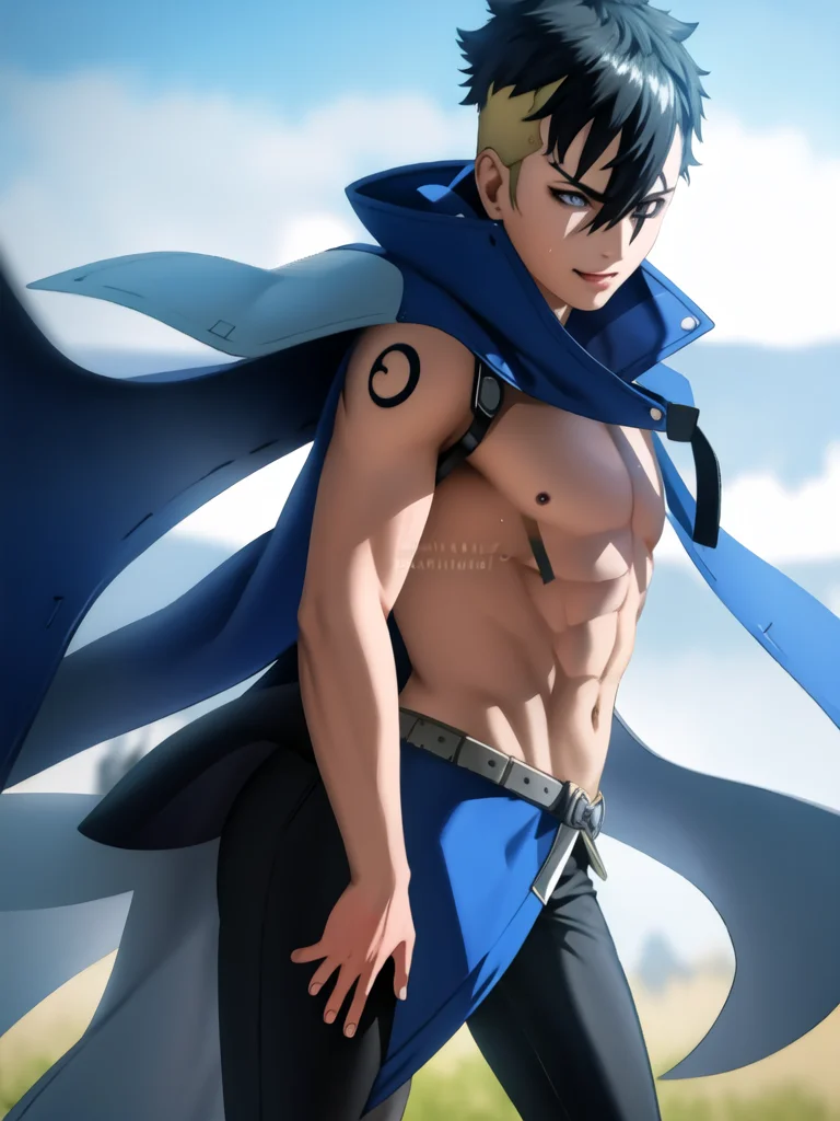 1girl, Kawaki_Uzumaki with a navy blue and white jacket, kawakiblue_jacket, green shirt, gominictattoo on face, sleeveless, piercing on right eyebrow, grey eyes, black_kawaki_hair and yellow_side_hair, karma_tattoo marking on his hand, looking at viewer, sitting, skindentation, smile, solo . (masterpiece:1.4),(best quality:1.4),(shiny skin),realistic, detailed eyes, <lora:kawakiv2:0.8>, dynamic pose, body focus, cowboy shot (((masterpiece))), (((best quality))), illustration, artstation, rim light, Alembert Oclusion, SSAO, Bokeh, Cinematic, Golden Hour, Depth of Field, DOF, Vignette, Anti-Aliasing <lora:sakimichanStyle_v15:0.8>, art by sakimichan , (sakimi-style:0.8), (nixeu_soft:0.2)