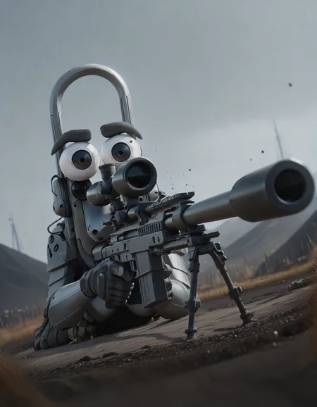 Flatline, Flat vector illustration,,masterpiece, best quality, good quality, very aesthetic, absurdres, newest, 8K, depth of field, focused subject, dynamic angle, close up, cl1ppy, pokemon (creature), holding a sniper rifle, laying on the ground, aiming at the viewer, battlefield in background, <lora:Clippy_-_Microsoft_Office_Illustrious:1> <lora:SniperRifleIL:1>