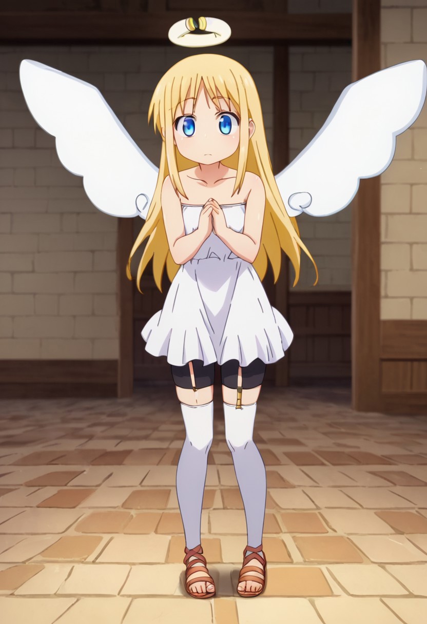 crimvael \(interspecies reviewers\),, blue eyes,blonde hair,long hair,angel,halo,wings,white dress,strapless,bare shoulders,bike shorts,sandals , thighhighs, indoors , standing ,  score_9, score_8_up, score_7_up, ,source_anime, best quality, masterpiece,   , full body view ,   garter straps, collarbone ,  1girl , solo , girl focus ,