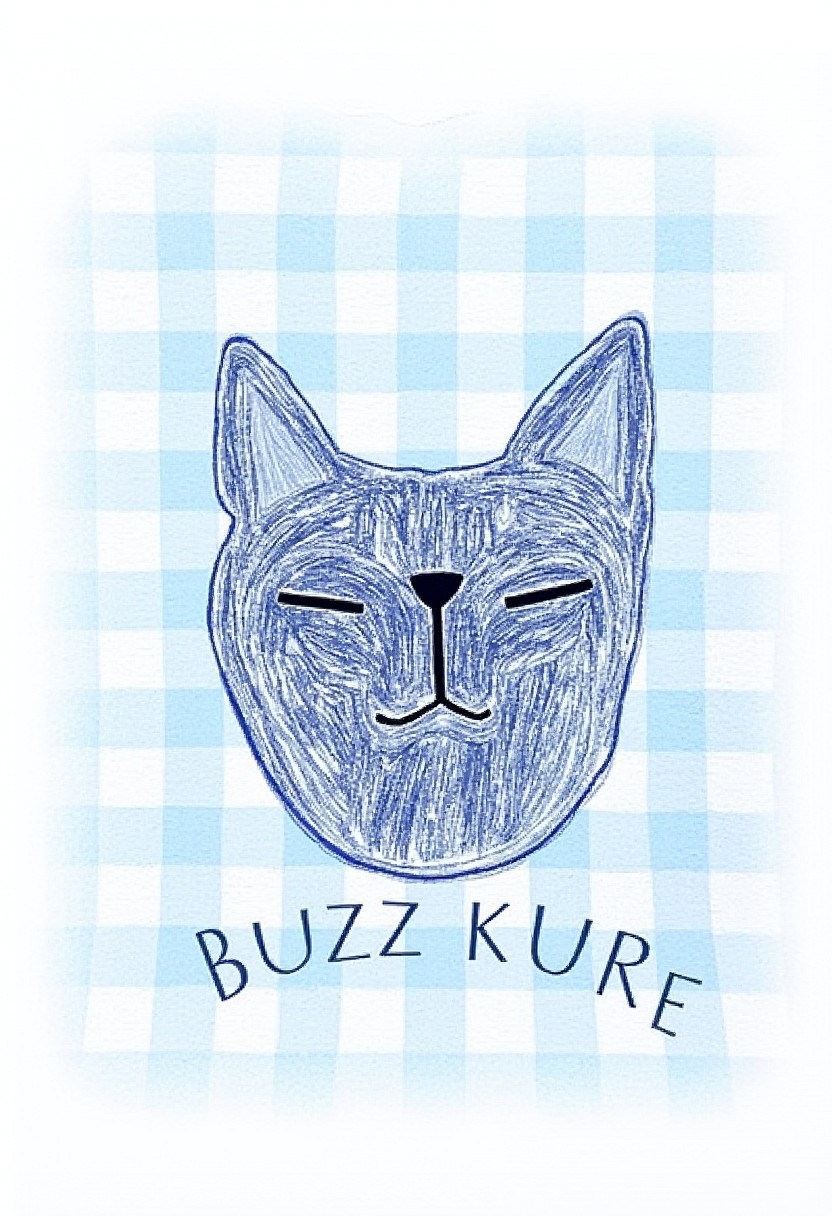 ART BRUT closed eyed fuzzy CAT, 
white and blue checkered pattern canvas,
the clear text logo reads "BUZZ KURE"