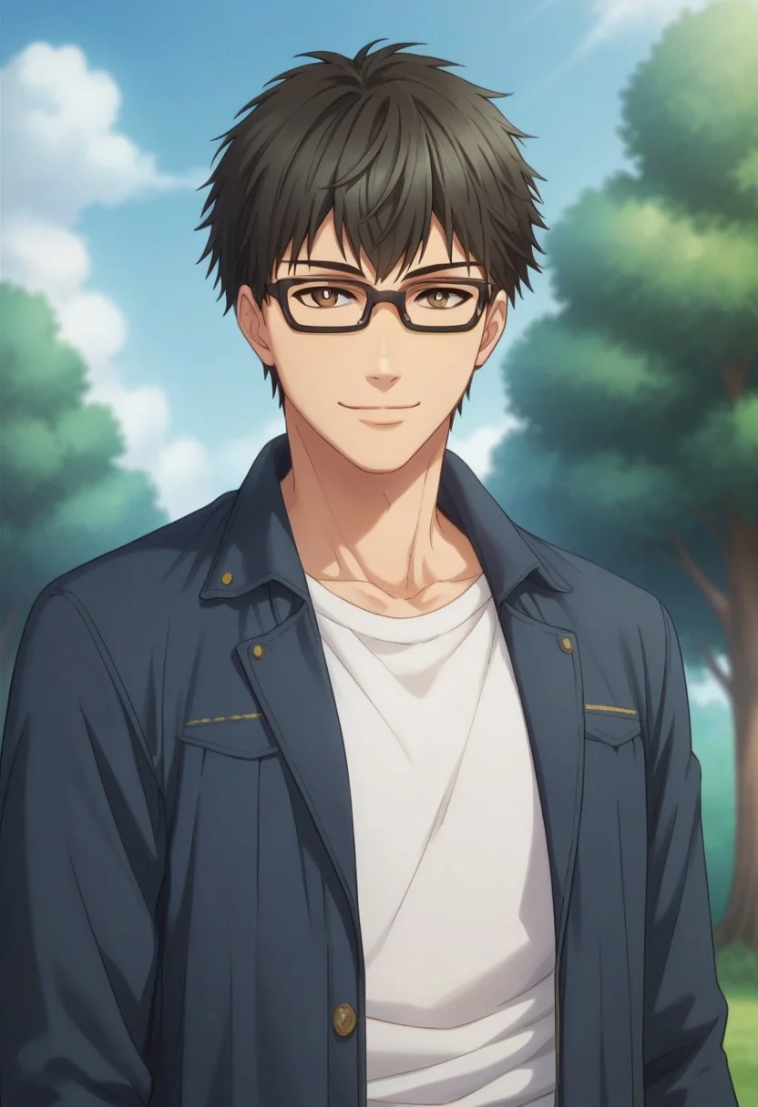 score_9, score_8_up, score_7_up, source_anime, highly detailed, slender, skinny
shimakaido, 1boy, male focus, glasses, solo, looking at viewer, shirt, black hair, upper body, jacket, white shirt, black-framed eyewear, smile, closed mouth
outdoor, sky, tree