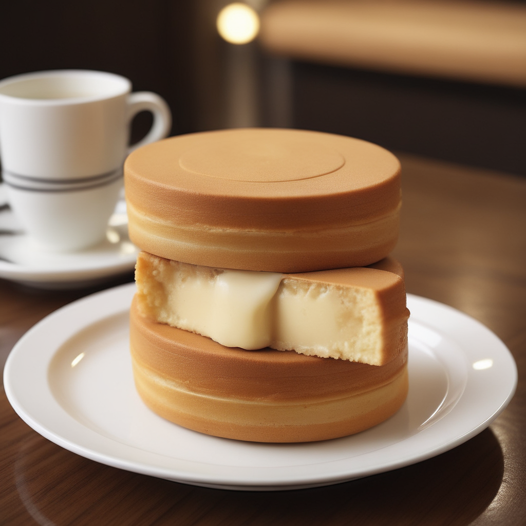 A photorealistic image of a 'ufocake' placed on a plate in a luxurious coffee shop setting. The cake should be freshly cut, revealing a rich, creamy center with a gelatinous, sticky texture. The ambiance of the coffee shop should exude elegance, with soft lighting, plush seating, and sophisticated decor. The plate holding the 'ufocake' should be finely crafted, complementing the lavishness of the dessert. The cut of the cake should be clear enough to prominently display its gooey, creamy filling,<lora:ufocake:0.65>,((ufocake open))