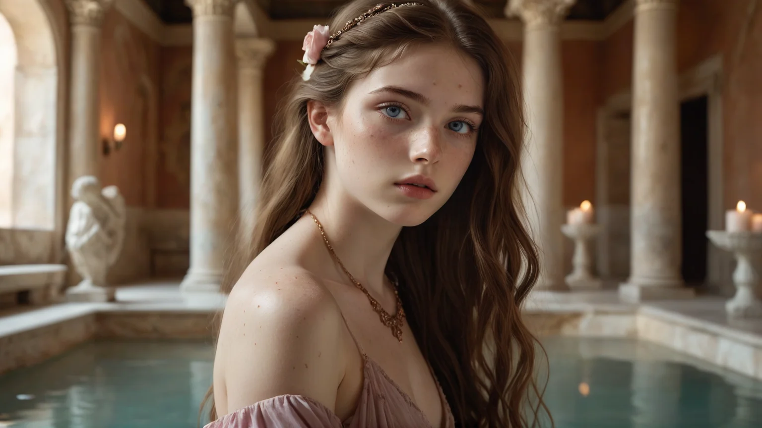 A young woman with long, styled hair stands in an elegant setting inspired by an ancient roman bathhouse. She wears a delicate gown adorned with a subtle floral color scheme, with soft shades of pink, lavender, and cream blending seamlessly into the fabric. Elegant jewelry, including a delicate necklace and earrings, adds a touch of refinement. Her hands gracefully play with her hair, adding a soft, feminine touch to her demeanor.
The background is rich with architectural details typical of a grand roman bathhouse, including marble floors, intricate columns, painted walls, and fountains. The room is dimly lit by the warm glow of candles, which cast dramatic shadows across the space, enhancing the mysterious atmosphere. Soft rose petals gently fall around her, adding a romantic and slightly melancholic touch to the scene. The overall mood is one of ethereal beauty, mystery, and romance. (luc14nn4, freckles on her nose, long hair, brown hair, expressive blue eyes, soft pale skin.)