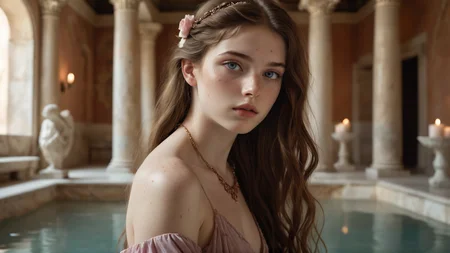 A young woman with long, styled hair stands in an elegant setting inspired by an ancient roman bathhouse. She wears a delicate gown adorned with a subtle floral color scheme, with soft shades of pink, lavender, and cream blending seamlessly into the fabric. Elegant jewelry, including a delicate necklace and earrings, adds a touch of refinement. Her hands gracefully play with her hair, adding a soft, feminine touch to her demeanor.
The background is rich with architectural details typical of a grand roman bathhouse, including marble floors, intricate columns, painted walls, and fountains. The room is dimly lit by the warm glow of candles, which cast dramatic shadows across the space, enhancing the mysterious atmosphere. Soft rose petals gently fall around her, adding a romantic and slightly melancholic touch to the scene. The overall mood is one of ethereal beauty, mystery, and romance. (luc14nn4, freckles on her nose, long hair, brown hair, expressive blue eyes, soft pale skin.)