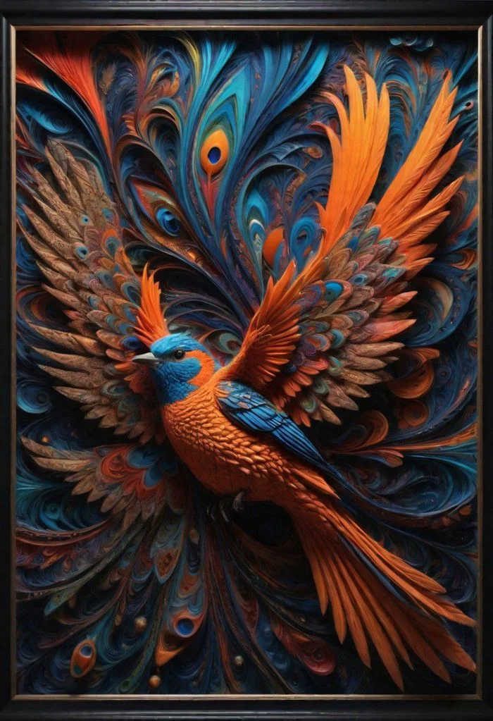 vivid colorful realms of your mind, abstract details, distinctive visuals, Full 3D, Intricate, sharp details, UHD, (3D Framed, Bird)