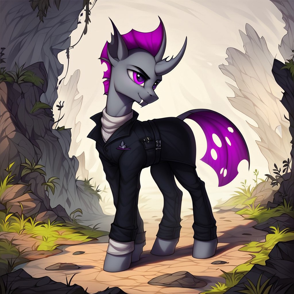 masterpiece, score_9_up, score_8_up, score_7_up, score_6_up, (best quality:1.1), ultra-detailed, high resolution, 1character, solo, male, Нептун Хербст, changeling, mlp, feral, ragged ears, (((beautiful detailed purple eyes))), single horn, gray skin, purple membrane mane, black coat, black neck warmer, detailed clothing, full body, fang, highly visible, sharp focus, anatomically correct, perfect lighting, shadow, extremely detailed, Highly Visible, sharp focus, perfect lighting, anatomically correct, extremely detailed, Expressiveh, outside, outdoors, spruce forest in the background, river with a rocky outcrop